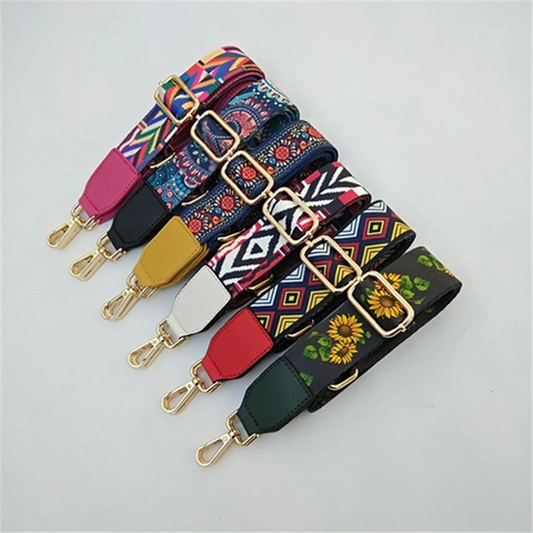 Correa De Hombro Ajustable Ancha Para Bolso Reemplazo Étnico Patrón Floral Paisley Cincha Poliéster Extremos Cuero Hebilla Dorada