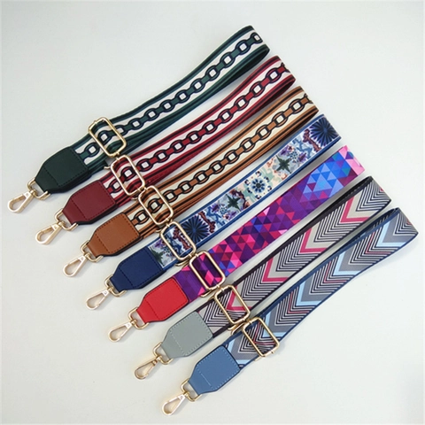 Wide Shoulder Strap Replacement For Handbags Adjustable Polyester Webbing With PU Leather Ends Retro Geometric Patterns