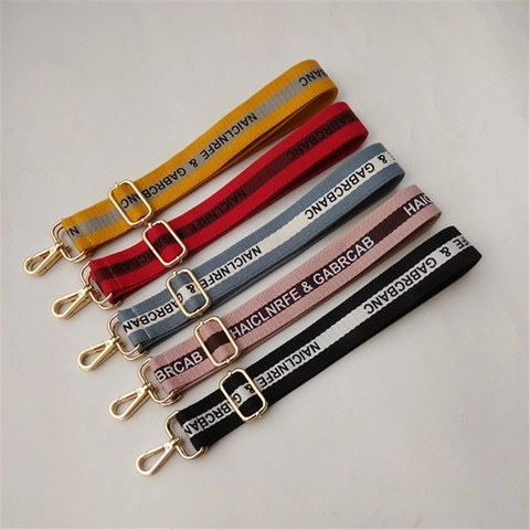 Adjustable Wide Shoulder Bag Strap Replacement Canvas Webbing Letter Pattern Jacquard Gold Metal Hooks Crossbody Women