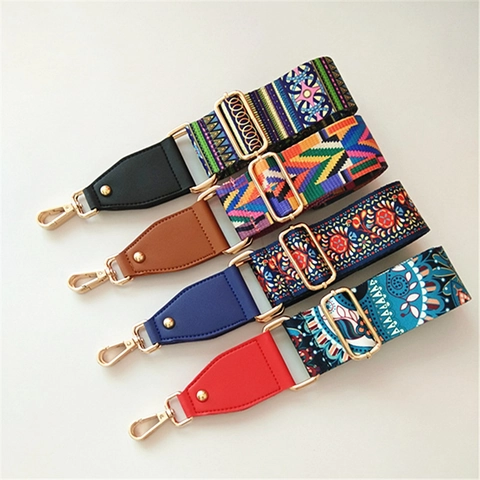 Replacement Bag Shoulder Strap Wide Adjustable Polyester Cotton Ethnic Geometric Pattern PU Leather Ends Metal Buckles