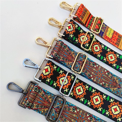 Ethnic Bohemian Wide Bag Strap Adjustable Woven Polyester Shoulder Crossbody Replacement Belt Metal Buckle Floral Pattern For Women