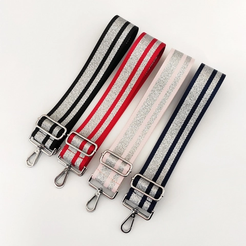 Adjustable Wide Shoulder Strap For Bags Nylon Webbing Crossbody Replacement Belt Glitter Striped Metallic Alloy Buckle Fashion