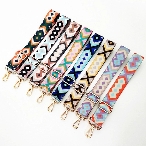 Adjustable Wide Shoulder Bag Strap Replacement Ethnic Geometric Pattern Polyester Webbing With Gold Metal Hooks For Crossbody Bags