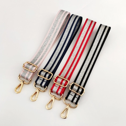 Bandoulière De Sac Large Réglable Nylon Remplacement Sangle De Sac À Main Mode Rayures Argentées Pailletées Boucles Métalliques