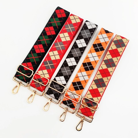 Wide Jacquard Bag Strap Argyle Diamond Pattern Adjustable Shoulder Crossbody Replacement Belt Metal Buckles Polyester Cotton