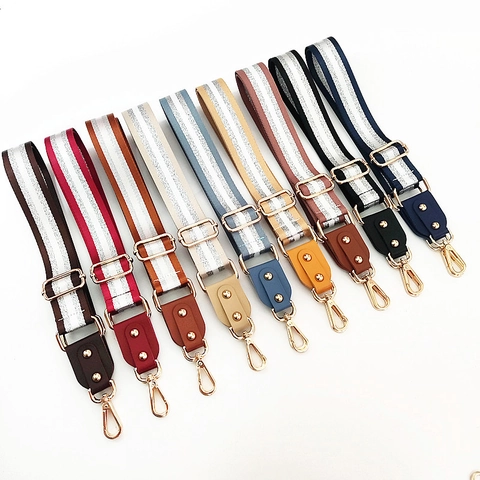 Wide Adjustable Bag Strap Replacement Shoulder Crossbody Polyester Webbing Synthetic Leather Ends Silver Glitter Striped