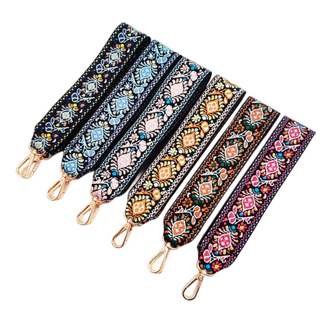 Etnisch Geborduurde Jacquard Tasriem Vervanging Polyester Brede Schouderriem Met Gouden Metalen Gespen Voor Dames Crossbodytas