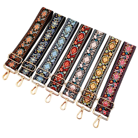 Ethnic Bohemian Embroidered Wide Bag Strap Adjustable Polyester Replacement Shoulder Belt For Crossbody Bags Metal Buckle