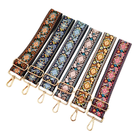 Ethnic Bohemian Embroidered Wide Bag Strap Adjustable Polyester Replacement Shoulder Belt For Crossbody Bags Metal Buckle