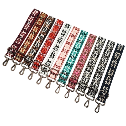 Wide Adjustable Shoulder Bag Strap Replacement Ethnic Geometric Jacquard Polyester For Handbags Crossbody Bags Metal Hooks