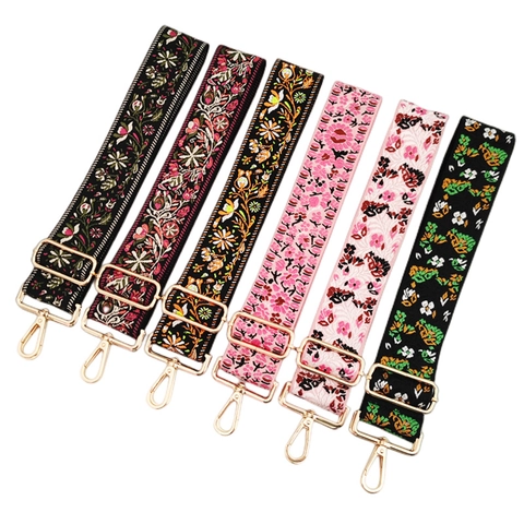 Adjustable Wide Shoulder Strap Ethnic Style Embroidery Crossbody Bag Accessory Polyester Cotton Jacquard Floral Strap