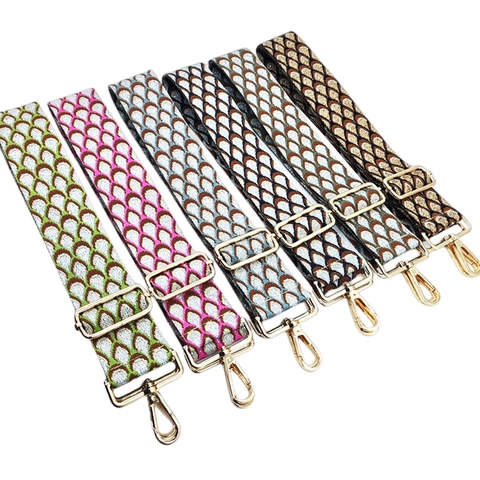Adjustable Wide Shoulder Strap Replacement Jacquard Weave Geometric Pattern Metallic Thread Crossbody Handbag Accessory