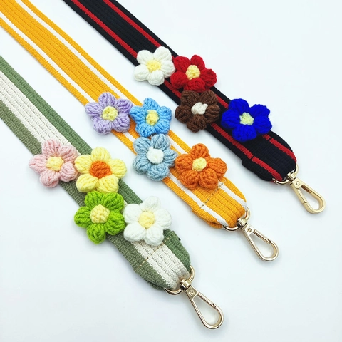 Tracolla Per Borsa In Tessuto A Righe Colorate Con Fiori All'uncinetto Fatti A Mano Cintura Di Ricambio Larga Per Borse