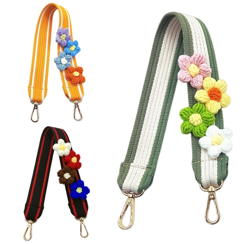 Tracolla Per Borsa In Tessuto A Righe Colorate Con Fiori All'uncinetto Fatti A Mano Cintura Di Ricambio Larga Per Borse