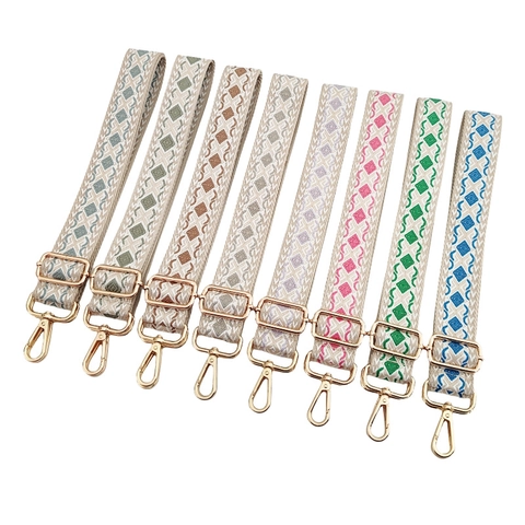 Adjustable Wide Shoulder Bag Strap Jacquard Cotton Polyester Ethnic Diamond Pattern Replacement Belt Gold Metal Buckle