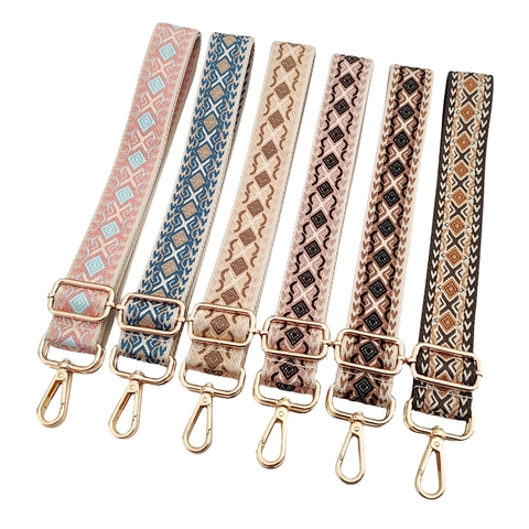 Adjustable Wide Shoulder Bag Strap Jacquard Cotton Polyester Ethnic Diamond Pattern Replacement Belt Gold Metal Buckle
