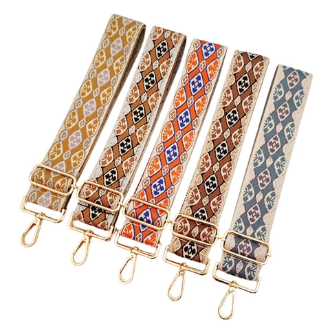 Bohemian Ethnic Bag Shoulder Strap Wide Adjustable Replacement Crossbody Belt Geometric Jacquard Fabric With Metal Buckle