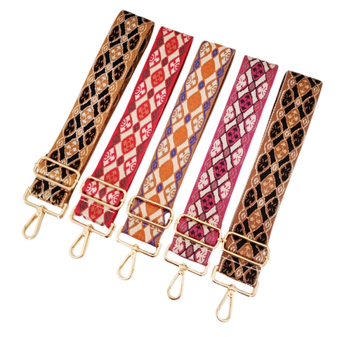 Bohemian Ethnic Bag Shoulder Strap Wide Adjustable Replacement Crossbody Belt Geometric Jacquard Fabric With Metal Buckle