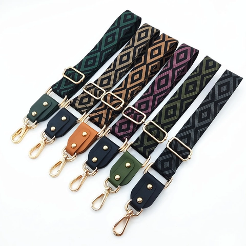 Adjustable Woven Bag Strap Geometric Diamond Jacquard Pattern Shoulder Crossbody Replacement Belt With PU Leather Ends