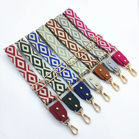 Wide Bag Strap Adjustable Shoulder Belt Jacquard Polyester Cotton PU Leather Rhombus Geometric Bohemian For Crossbody Bags