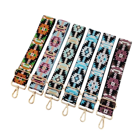 Tracolla Per Borsa In Tessuto Etnico Larga Regolabile Poli-Cotone Boho Motivo Geometrico Cinghia Da Spalla Fibbia In Metallo Dorato