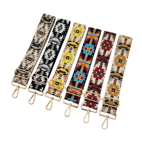 Tracolla Per Borsa In Tessuto Etnico Larga Regolabile Poli-Cotone Boho Motivo Geometrico Cinghia Da Spalla Fibbia In Metallo Dorato