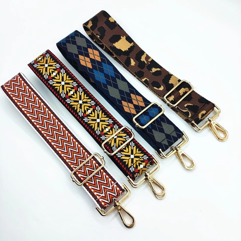 Wide Replacement Bag Strap Adjustable Polyester Jacquard National Style Shoulder Crossbody Belt With Metal Buckle