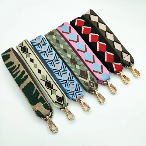Wide Bag Strap Replacement Ethnic Bohemian Geometric Floral Pattern Polyester Cotton With Gold Metal Buckles For Handbag