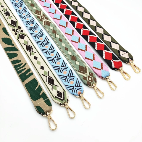 Wide Bag Strap Replacement Ethnic Bohemian Geometric Floral Pattern Polyester Cotton With Gold Metal Buckles For Handbag