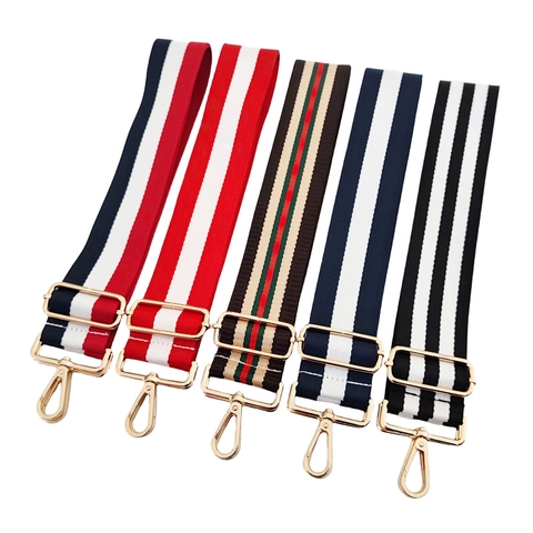 Wide Adjustable Bag Strap Striped Webbing Shoulder Belt Replacement For Crossbody Purses With Gold Metal Buckles