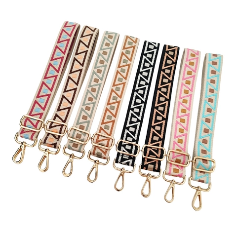 Wide Bag Shoulder Strap Replacement Adjustable Polyester Cotton Geometric Pattern Colorful Crossbody Belt Metal Hooks