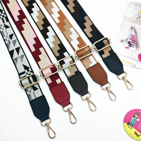 Adjustable Wide Bag Shoulder Strap Polyester Woven With PU Leather And Metal Hook Colorful Geometric Pattern Replacement For Handbags