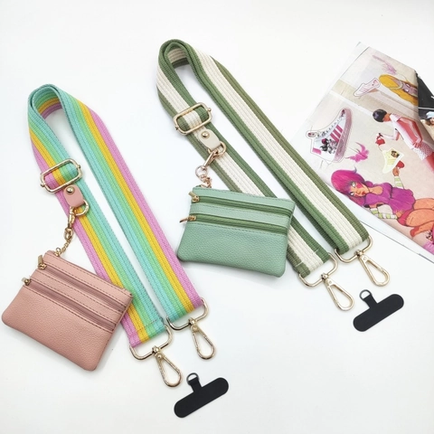 Adjustable Wide Striped Bag Strap Replacement With Detachable Mini Pouch And Phone Tether Tab Crossbody Accessory