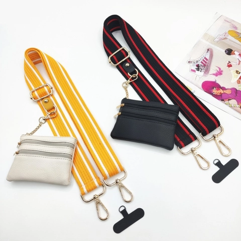 Adjustable Wide Striped Bag Strap Replacement With Detachable Mini Pouch And Phone Tether Tab Crossbody Accessory