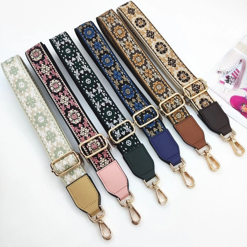 Bohemian Ethnic Floral Bag Strap Adjustable Wide Jacquard Replacement Shoulder Belt Polyester PU Leather For Handbags