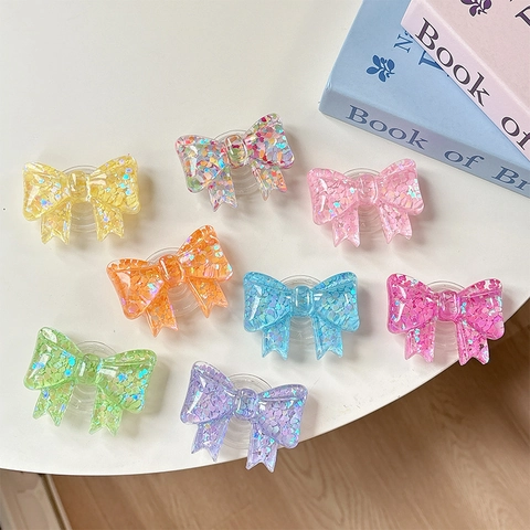 Bow Shape Phone Grip Glitter Heart Sequins Transparent Resin Griptok Foldable Stand Desktop Accessory For Women