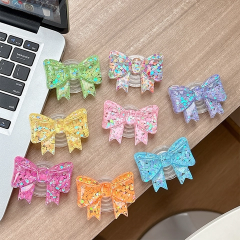 Bow Shape Phone Grip Glitter Heart Sequins Transparent Resin Griptok Foldable Stand Desktop Accessory For Women