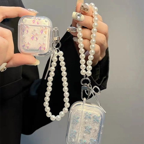 Kopfhörerhülle Klar TPU Glitzer Laser Schmetterling Dekor Lange Künstliche Perlenkette Lanyard Schutzhülle Süß Elegant Mode