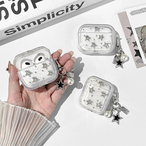 Funda Auriculares Inalámbricos Estrellas Plata Diamantes TPU Transparente Con Colgantes Perla Artificial Y Estrella
