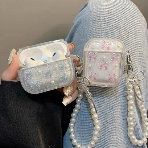 Kopfhörerhülle Klar TPU Glitzer Laser Schmetterling Dekor Lange Künstliche Perlenkette Lanyard Schutzhülle Süß Elegant Mode