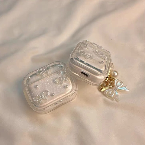 Custodia Per Auricolari Trasparente Glitter Con Pendente Fiocco Di Künstliche Perle Custodia Protettiva In TPU Dolce Per Donna