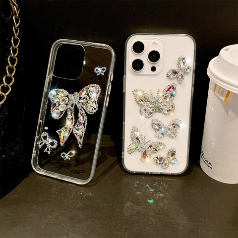 Rhinestone Butterfly Phone Case Acrylic Crystal Bowknot Sparkling Glitter Protective Cover Shockproof Luxury Fashion