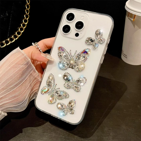 Rhinestone Butterfly Phone Case Acrylic Crystal Bowknot Sparkling Glitter Protective Cover Shockproof Luxury Fashion