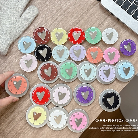 Phone Airbag Bracket Grip Tok With Heart Shaped Mirror Rhinestone Inlay Expanding Stand Magnetic Adhesive For Desk