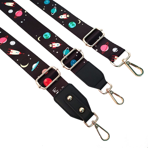 Verstelbare Schouderriem Vervanging Brede Polyester Band Crossbody Tas Riem Ruimte Planeet Thema Patroon Gouden Metalen Gespen Kunstleren Uiteinden