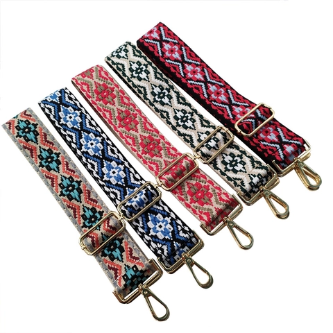 Ethnic Geometric Wide Bag Strap Adjustable Polyester Jacquard Shoulder Belt For Crossbody Handbags With Metal Clasps
