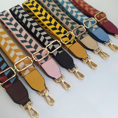 Correa De Hombro Tejida Ajustable De Repuesto Para Bolso Con Extremos De Cuero Y Hebilla Metálica Diseño Jacquard Geométrico