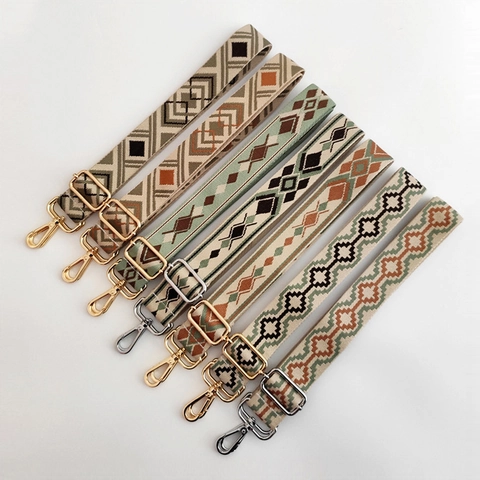 Wide Adjustable Replacement Shoulder Strap Ethnic Woven Jacquard Geometric Pattern For Crossbody Bags Metal Buckles