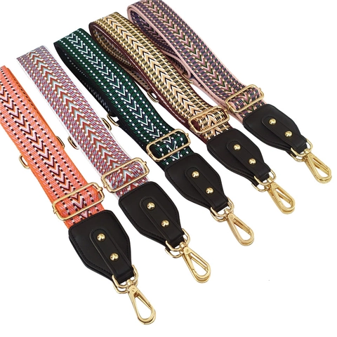 Ethnic Woven Bag Strap Replacement Adjustable Wide Shoulder Crossbody Belt With Leather Ends And Gold Metal Swivel Hooks