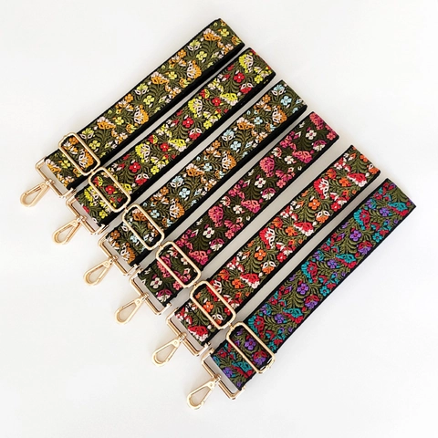 Ethnic Embroidery Wide Bag Strap Floral Replacement Adjustable Shoulder Strap Polyester Cotton Jacquard Metal Buckle